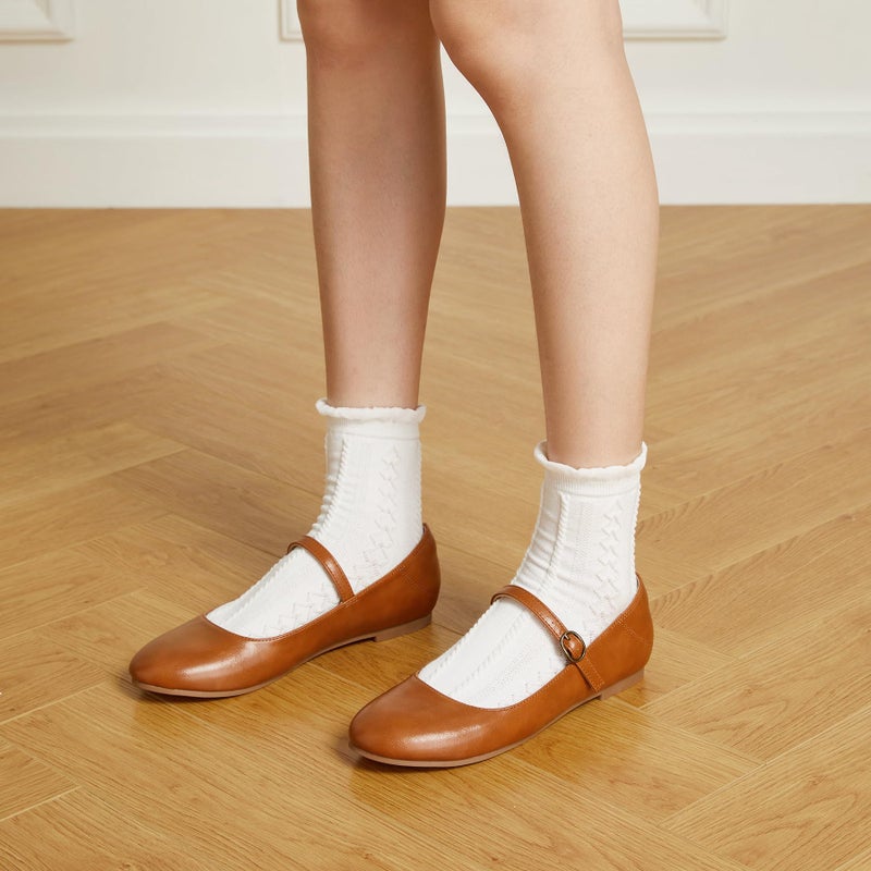 Trary Mary Jane Shoes Women, Ballet Flats for Women, Round Toe Brown Flats, Women Shoes Dressy Casual, Ankle Strap Flats Dress Brown Mary Janes Size 8 - Image 2